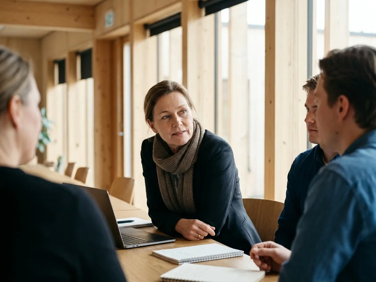Woman in a business meeting, wearing a discreet Phonak hearing aid