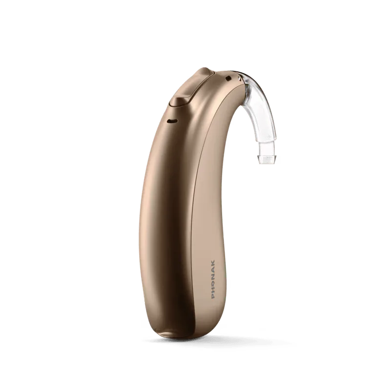 Phonak Naída Lumity behind-the-ear hearing aid, metallic bronze shell marked PHONAK, with a clear hook tube