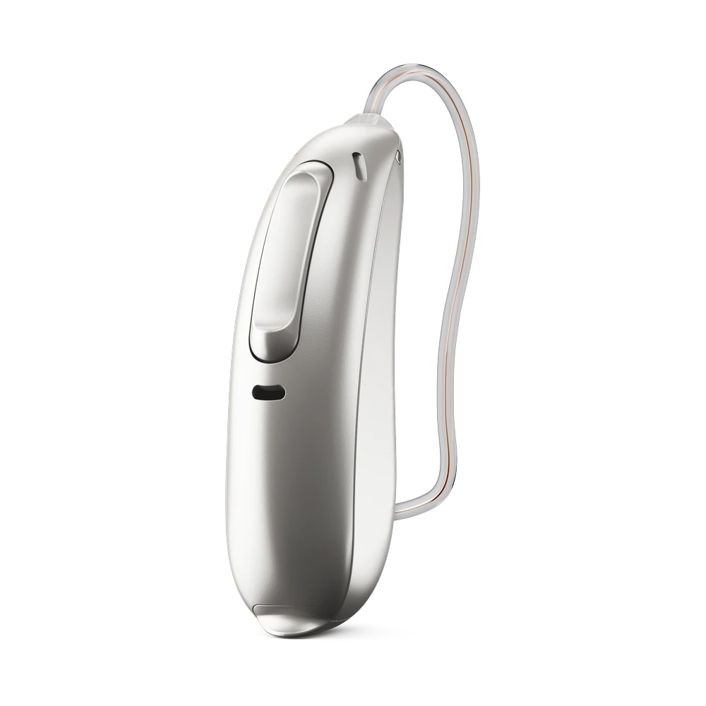 Aide auditive Phonak Terra gris argenté vue de profil, bouton bascule noir et fil d'écouteur transparent