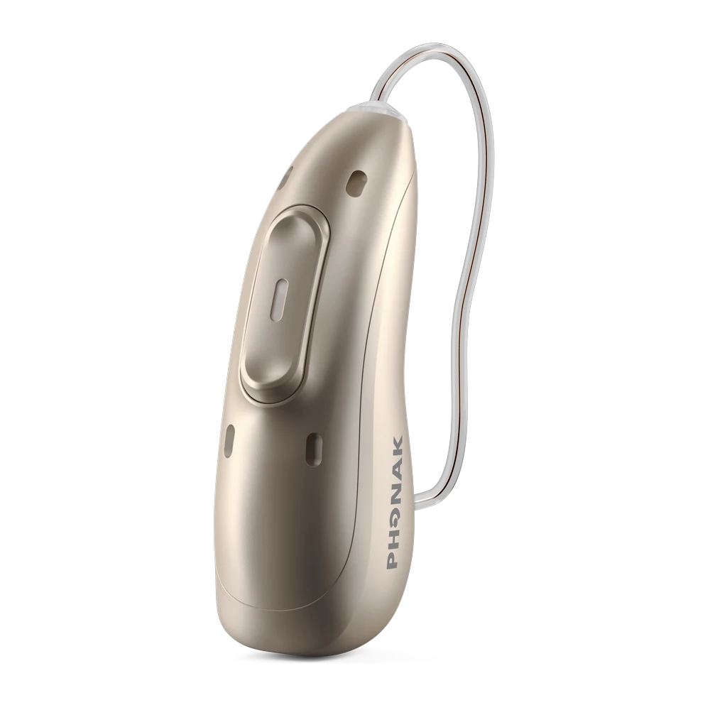 Aide auditive Phonak EON beige sable vue de profil, bouton bascule, marquage PHONAK et fil d'écouteur transparent