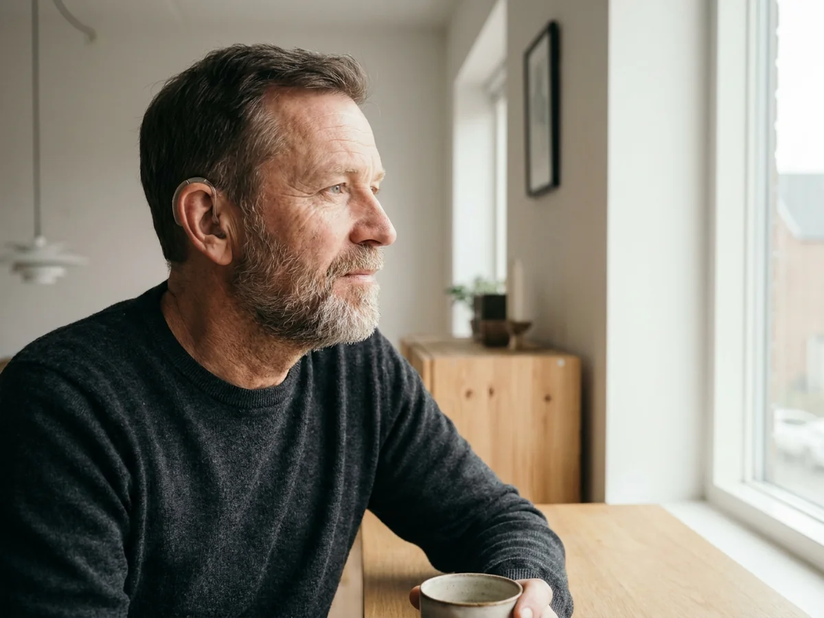 Man wearing a hearing aid, looking out of a window in a bright living room